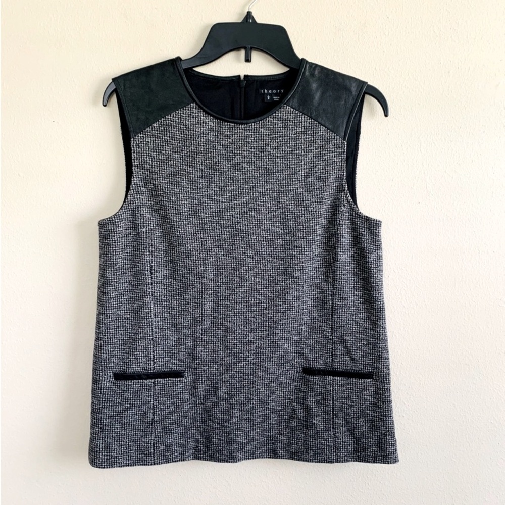 Theory Naeva Nanami Tweed top blouse w/Leather detail